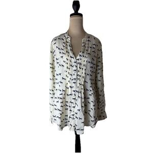 Maeve Womens Tunic Blouse White  Roll Tab Sleeves Horse Print Equestrian 14